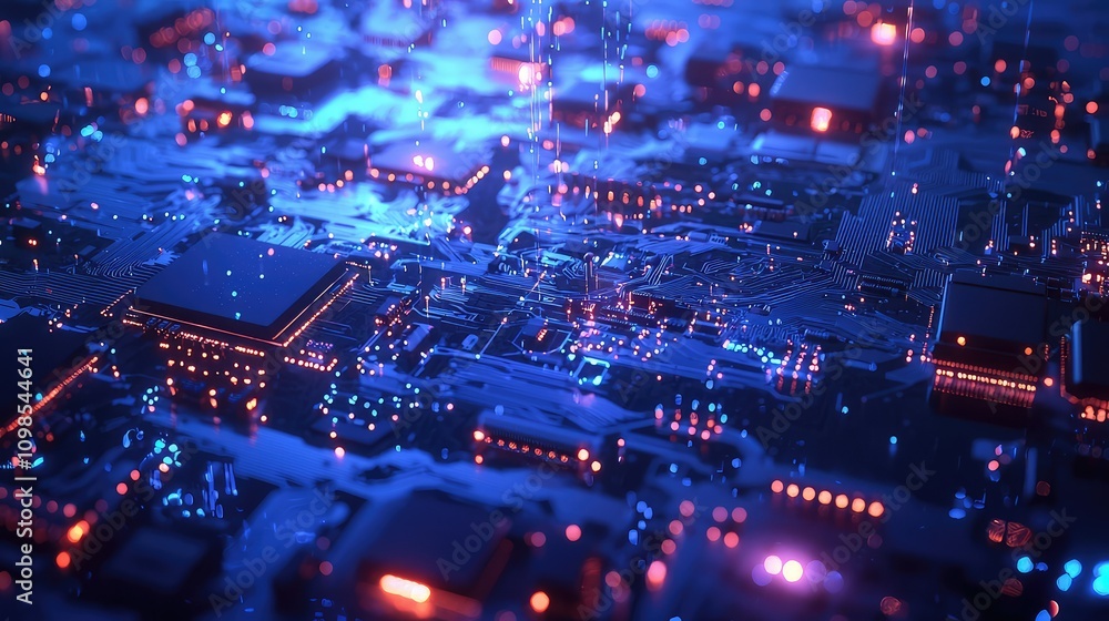 Poster high-resolution close-up of a futuristic circuit board with microchips and resistors illuminated by 