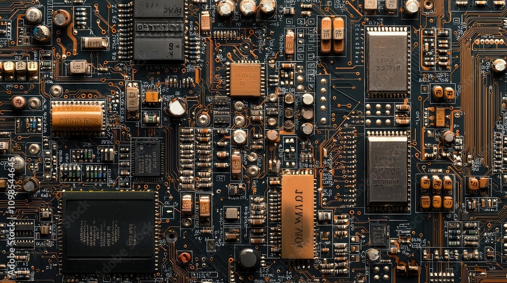 Poster close-up view of a complex circuit board featuring multiple microchips and capacitors, ideal for tec