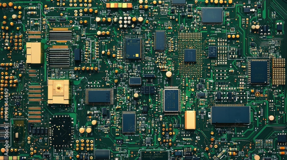 Poster detailed close-up of a complex circuit board featuring multiple microchips and capacitors with rich 