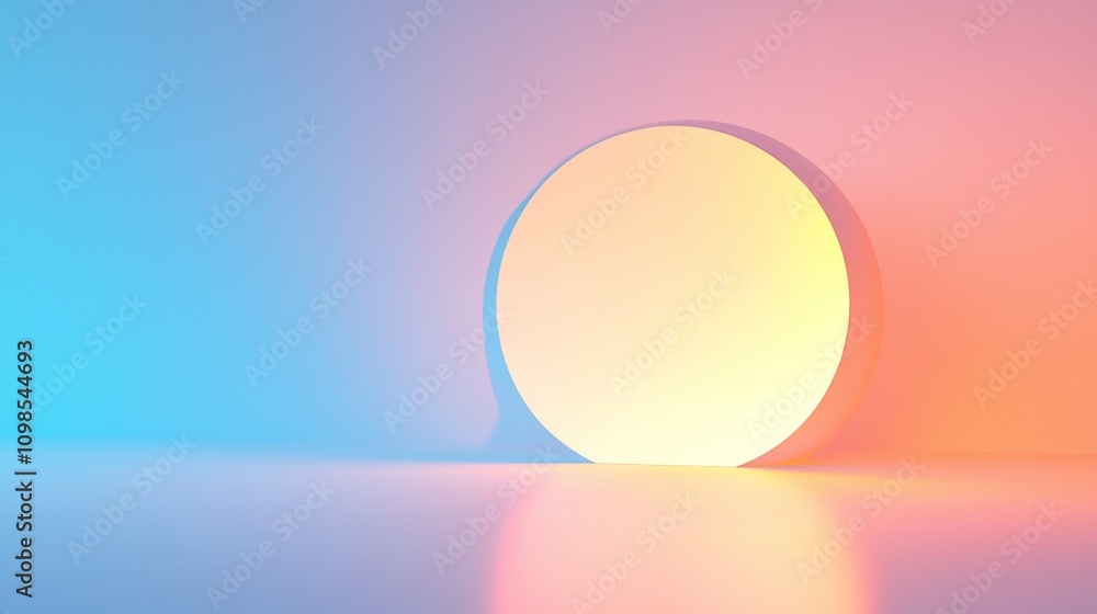 Poster a minimalist design featuring a glowing circle against a gradient background of blue and pink hues, 