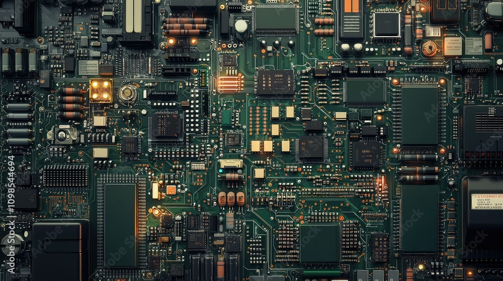 Poster detailed close-up of an electronic circuit board featuring multiple microchips and capacitors, ideal
