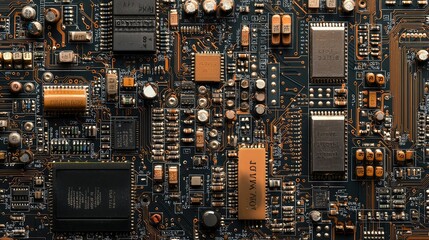 Close-Up View of a Complex Circuit Board Featuring Multiple Microchips and Capacitors, Ideal for Technology and Electronics Illustrations in High Resolution
