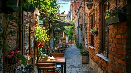 Fototapeta premium Peaceful Alleyway with Brick Walls and Greenery, Offering a Serene View of a Charming Cityscape in a Quaint Setting Perfect for Relaxation or Inspiration