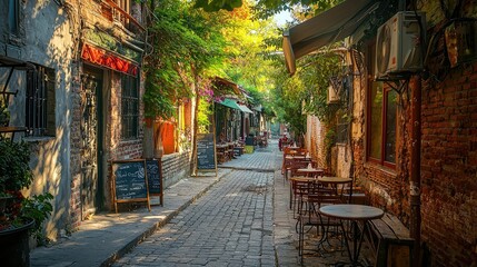 Obraz premium Serene Urban Alleyway in Maka City Featuring Charming Brick Walls and Inviting Outdoor Seating in a Picturesque Setting