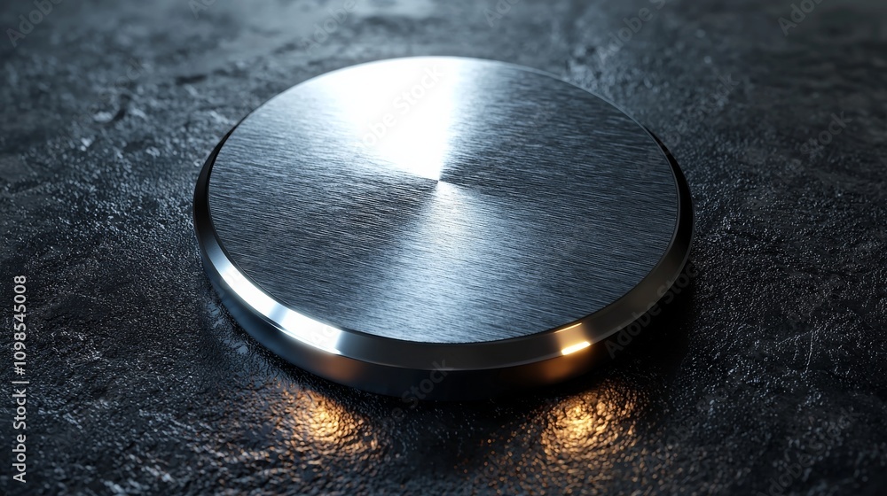 Poster a shiny, circular metal object resting on a dark surface, reflecting light and showcasing a smooth t