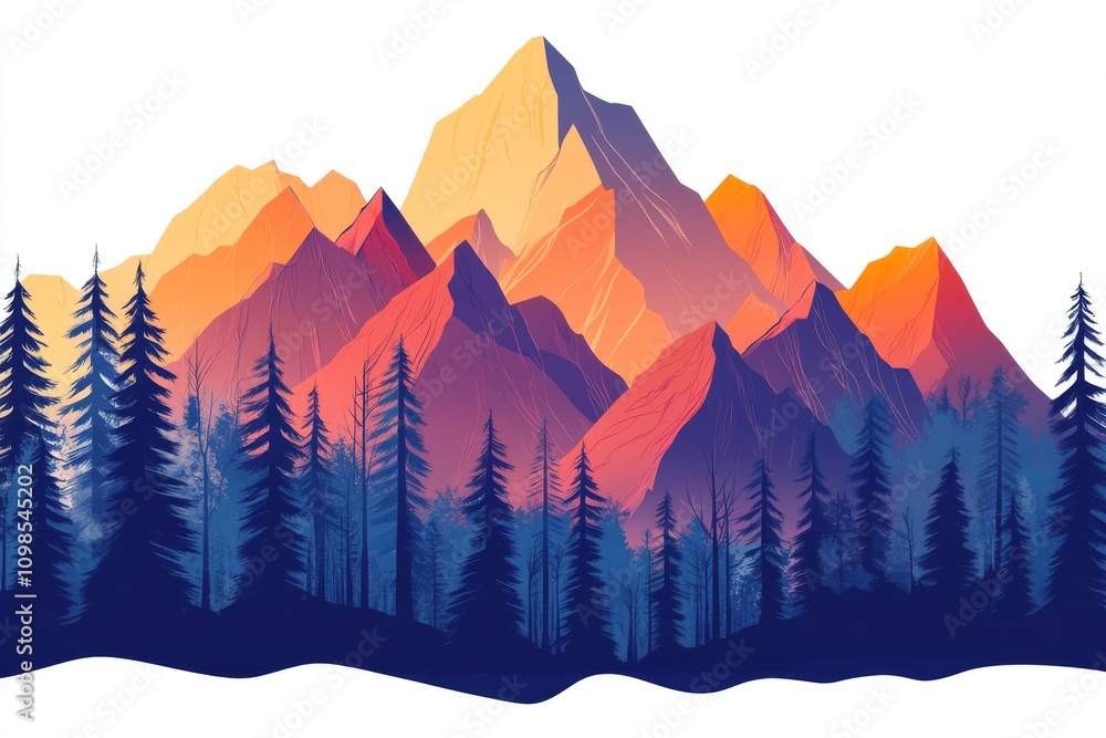 Poster a mountain range with trees in the foreground and a blue sky in the background. the mountains are co
