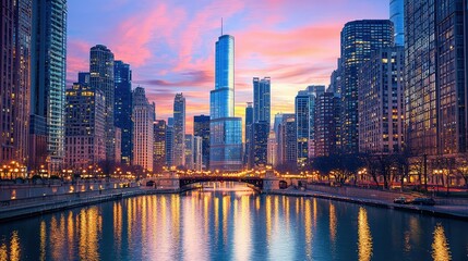 Fototapeta premium Stunning Twilight Cityscape with Illuminated Skyscrapers and Reflective River in Urban Landscape