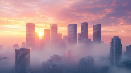 Fototapeta premium Foggy Morning Cityscape with Skyscrapers and Soft Light Illuminating the Urban Skyline at Dawn in a Dreamy Atmosphere