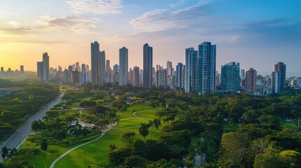 Obraz premium A Serene Cityscape View Overlooking a Large Urban Park with Skyscrapers and a Vibrant Sunset Sky in the Background