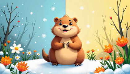 Fototapeta premium Cheerful groundhog standing in the snow surrounded by spring flowers, with a split background of winter and spring