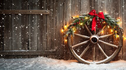 rustic wagon wheel leaning against a snow-dusted barn wall, decorated with a festive garland of evergreen branches, red ribbons, and glowing Christmas lights