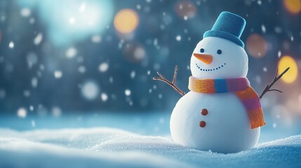 Obraz premium A snowman with twig arms and a bright scarf, surrounded by softly falling snowflakes in a warmly lit snowy winter scene