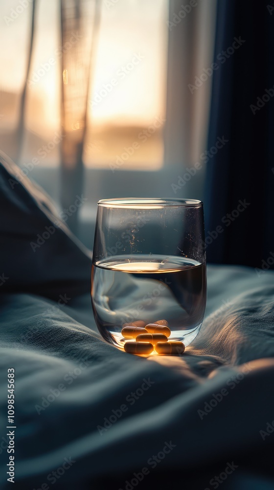 Aufkleber close-up image of a glass of water with a single pill next to it capturing serenity and tranquility 
