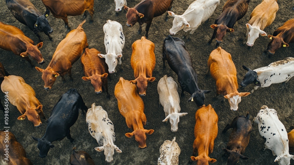 Poster top-down view of a mixed herd of cattle in various colors standing on a farm field.
