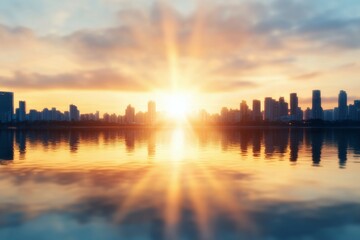 Naklejka premium City skyline at sunset with colorful reflections on calm water in urban landscape