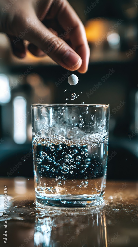 Poster close-up of a hand dropping a pill into a glass of water with bubbles and sparkling effervescence ca