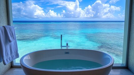 Obraz premium Oval bathtub filled with water, positioned in front of a large window showcasing a breathtaking ocean view with a clear blue sky and fluffy white clouds.