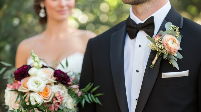 Elegant Close-Up of Groom's Boutonniere Paired with Bride at a Wedding Ceremony Surrounded by Lush Greenery and Beautiful Floral Arrangements