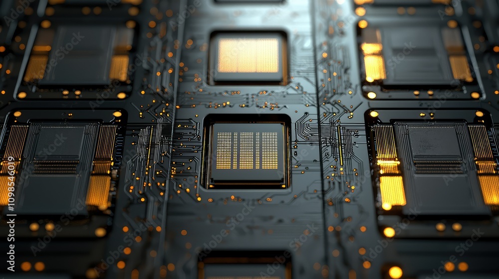 Poster close-up of a high-performance chip in a sleek metallic design featuring advanced circuitry and dist