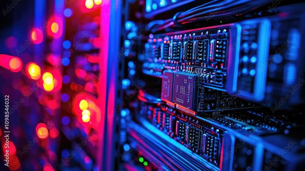 Poster close-up view of a high-tech chip on a server board showcasing advanced technology with vibrant led 