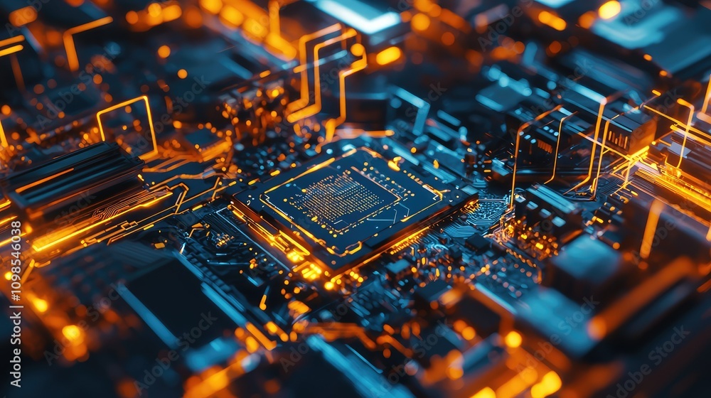 Poster close-up of a high-performance microchip in a sleek metallic design with vibrant circuitry and intri