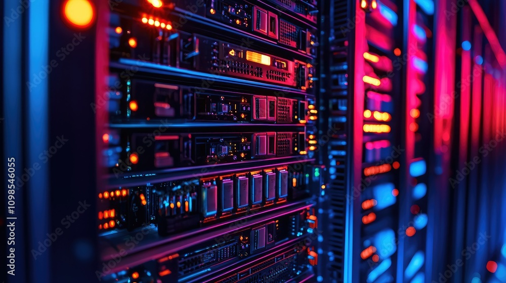 Poster close up view of high-tech server board featuring advanced chip technology and vibrant neon lighting