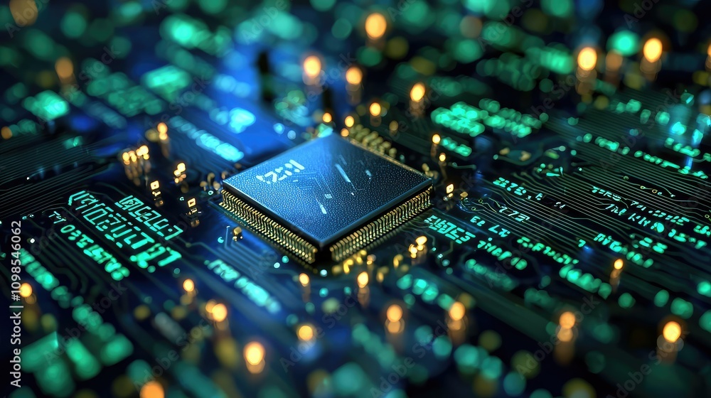 Poster close-up view of a sleek high-performance chip surrounded by a high-tech circuit board with glowing 