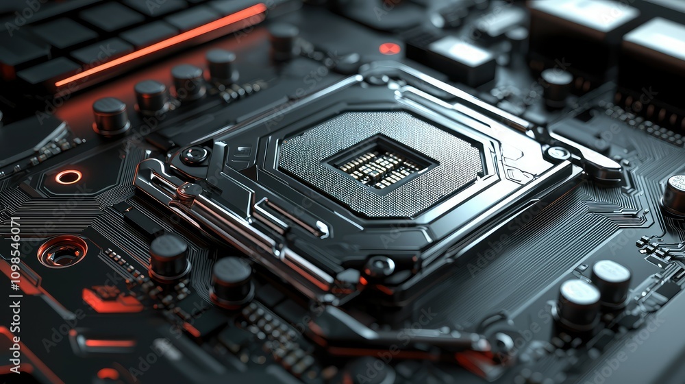 Poster high-performance chip with sleek metallic design captured in close-up, highlighting advanced technol