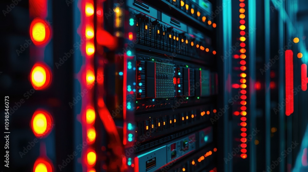Poster close-up view of high-tech server board featuring advanced chip technology with colorful lights and 