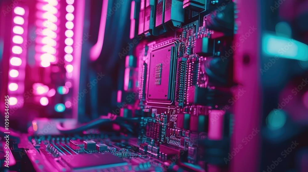 Poster close-up of a high-tech chip on a server board featuring advanced components with bright ambient lig