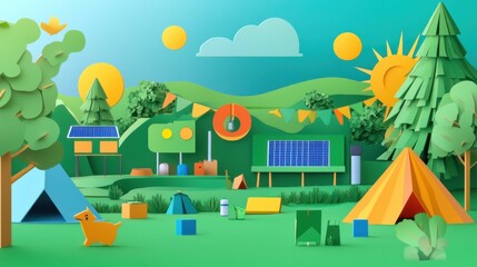 Fototapeta premium A green festival with tents, solar-powered stages, and recycling stations