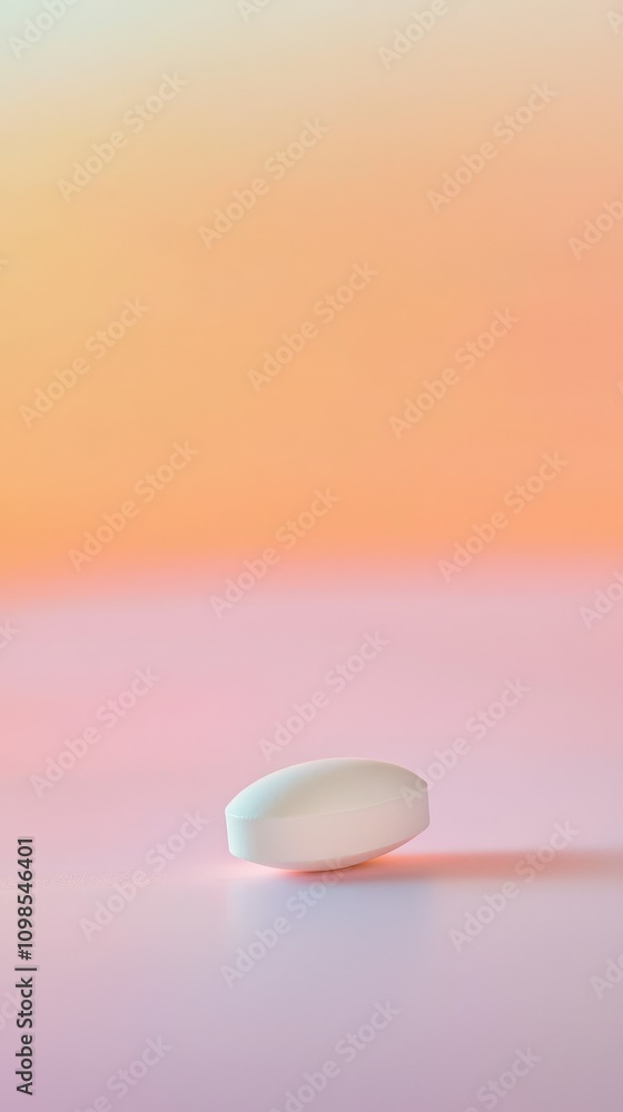 Poster single white pill against soft pastel background, close-up view emphasizing minimalist aesthetic and