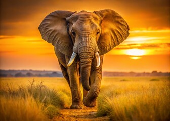 Obraz premium Majestic African Elephant Walking Gracefully Towards the Camera in the Golden Light of Sunset on the Expansive Steppe of Africa