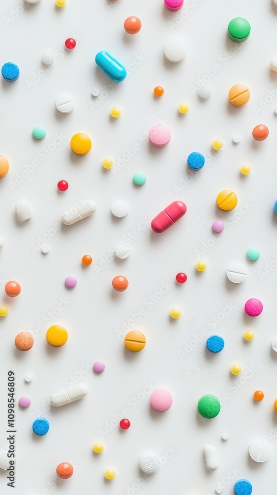 Poster assorted colorful pills scattered on a white background displaying a vibrant array of shapes and siz