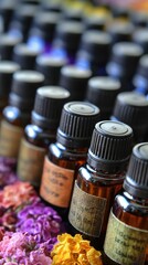 Close-Up of Essential Oil Bottles Showcasing Various Scents with Colorful Petals in Background, Perfect for Aromatherapy and Wellness Themes