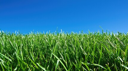 Obraz premium Close-Up of Fresh Green Grass Illuminated by Bright Sunlight Against a Clear Blue Sky, Perfect for Nature and Outdoor Themes in Photography