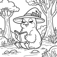 Naklejka premium Line Art Witch Duck Reading Book in Forest