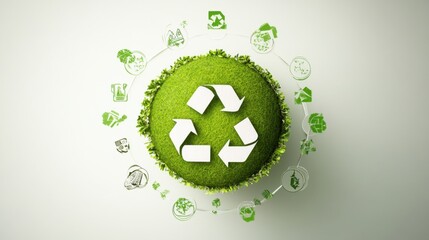 A green planet with interconnected recycling symbols orbiting it, symbolizing a global network of sustainability practices, Simplified flat paper art illustration of