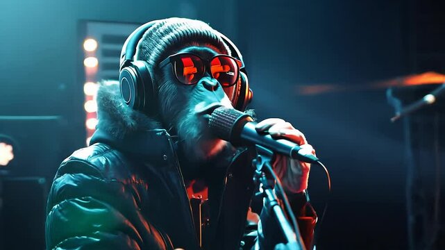 Stylish Monkey Rocking on Stage with Microphone and Headphones