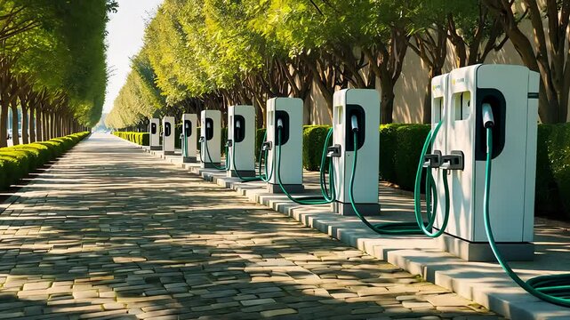 Row of Electric Vehicle Charging Stations in a Green Tree-Lined Avenue

