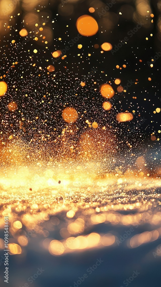 Poster close-up of glimmering snow particles in sunlight, creating a magical winter scene with sparkling hi