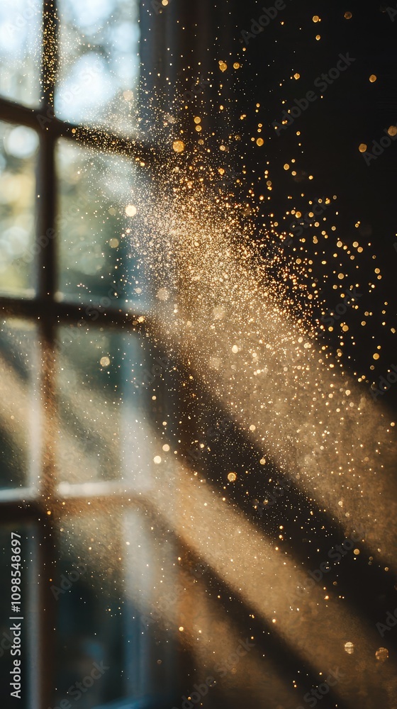 Poster close-up of sparkling dust particles floating in sunlight with rays filtering through a window creat