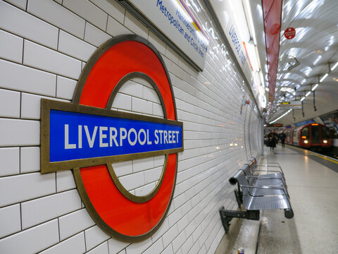 London, UK - November 20, 2024: London Underground roundel sign at Liverpool Street station
