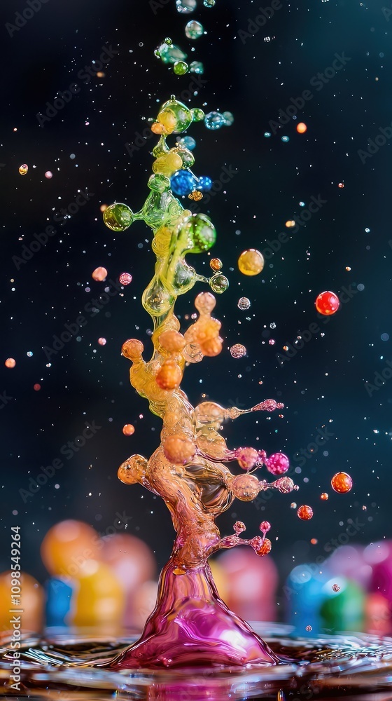 Poster colorful liquid particles creating psychedelic effects in a dynamic splash, showcasing the beauty of