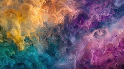 Obraz premium Colorful Ink Clouds Blending in Water Creating Abstract Art with Vibrant Swirls in a Dreamlike Palette of Purple, Yellow, and Turquoise Hues