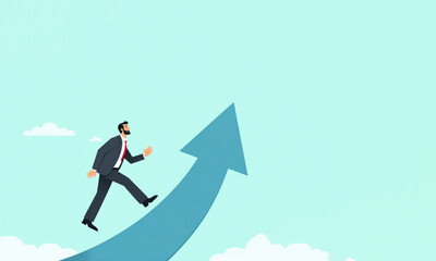 Obraz premium Cartoon illustration of businessman walking on a large blue arrow upward, symbolizing growth and business success. Blank space for message