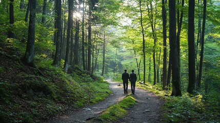 Fototapeta premium A Romantic Couple Walking Hand in Hand on a Scenic Forest Trail Surrounded by Lush Greenery During Their Wedding Day