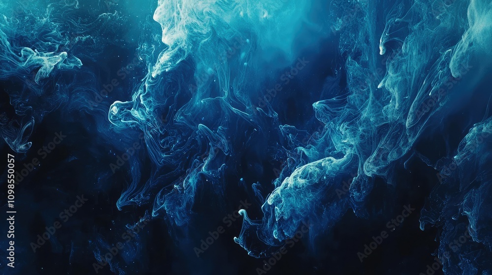Poster dramatic dark blue ink swirling in clear water creating artistic patterns and mysterious effects for