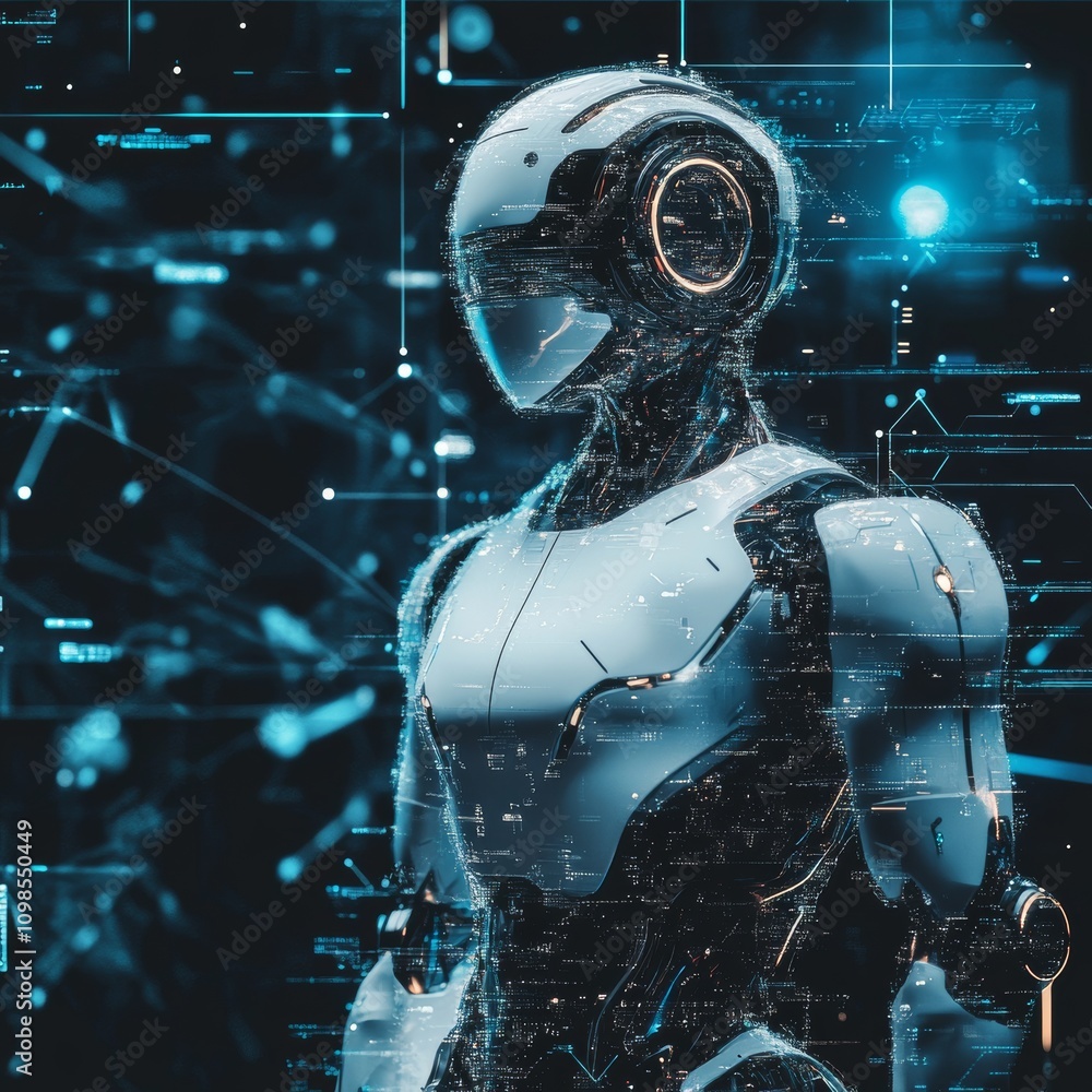 Poster a robot with a white helmet and black and white body. the robot is standing in front of a blue backg