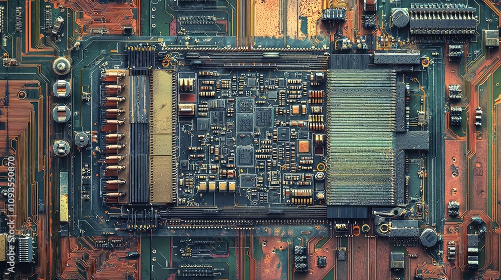 Poster detailed view of a computer chip with visible transistors and circuitry highlighting the complexity 